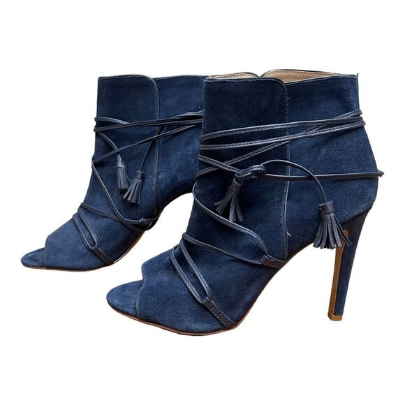 Joe’s Jeans Halsey Blue Suede Peep Toe Lace-up Stiletto Tassel Ankle Booties 8 - Picture 3 of 7